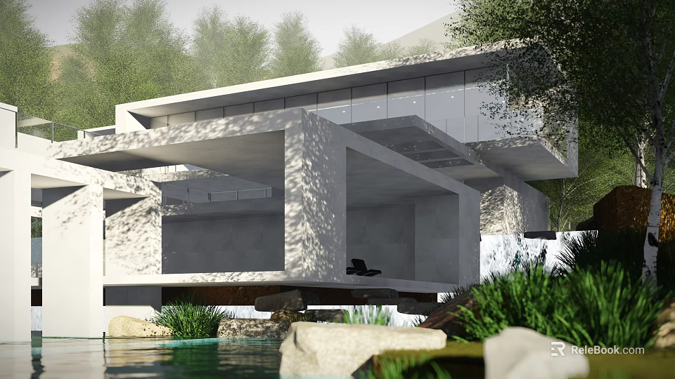 Modern Single Family House With Sleek Concrete Structure And Lush Greenery By Waterfront 3d model 