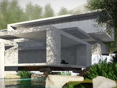 Modern Single Family House With Sleek Concrete Structure And Lush Greenery By Waterfront 3d model