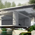 Modern Single Family House With Sleek Concrete Structure And Lush Greenery By Waterfront