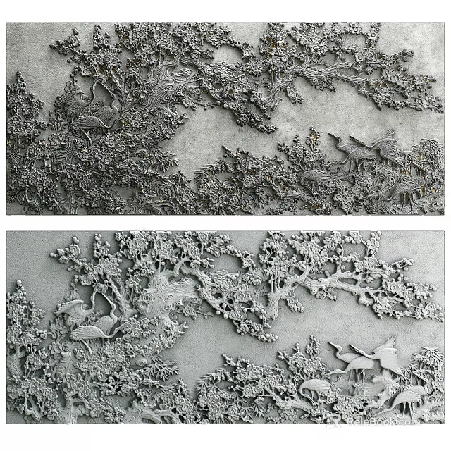 Intricate Relief Sculpture With Trees Birds Fish And Natural Elements Design 3d model 