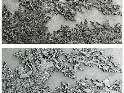 Intricate Relief Sculpture With Trees Birds Fish And Natural Elements Design 3d model