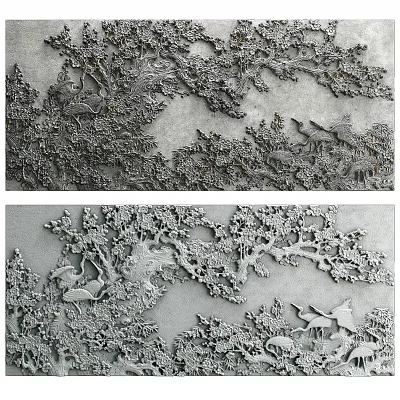 Intricate Relief Sculpture With Trees Birds Fish And Natural Elements Design 3d model
