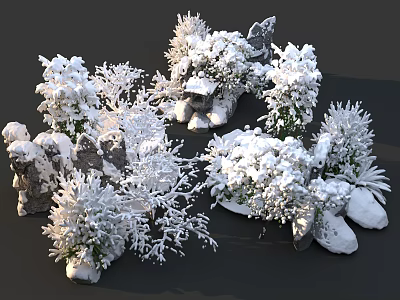 Snow Covered Garden Ornaments With Frosted Plants Bushes And Stones 3d model