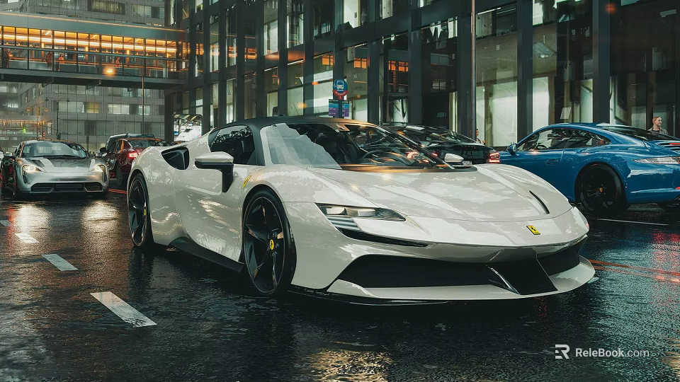 White Ferrari Sports Car On Wet City Street With Sleek Black Wheels 3d model 