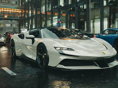 White Ferrari Sports Car On Wet City Street With Sleek Black Wheels 3d model