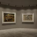 Modern Art Gallery Space With Framed Paintings Standing Person And Marble Floor
