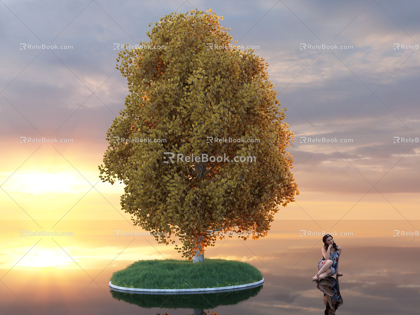 Big Trees Trees Autumn Trees Landscape Plants Street Trees Forest Park Greening Figure Woman Grass Lawn Sky HDR 3d model