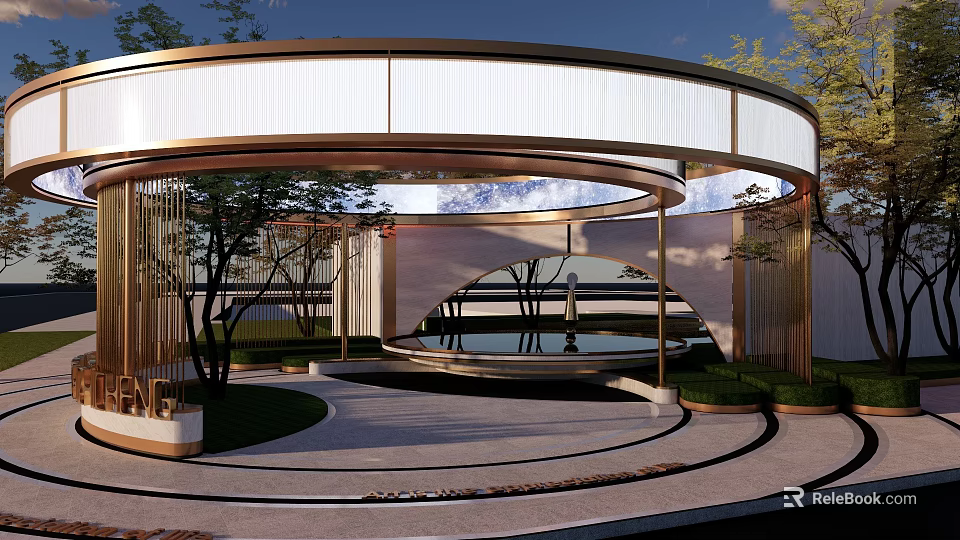 Modern Waterside Landscape With Circular Pavilion Reflective Pool Curved Pathway And Lush Greenery 3d model 