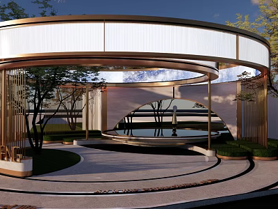Modern Waterside Landscape With Circular Pavilion Reflective Pool Curved Pathway And Lush Greenery 3d model