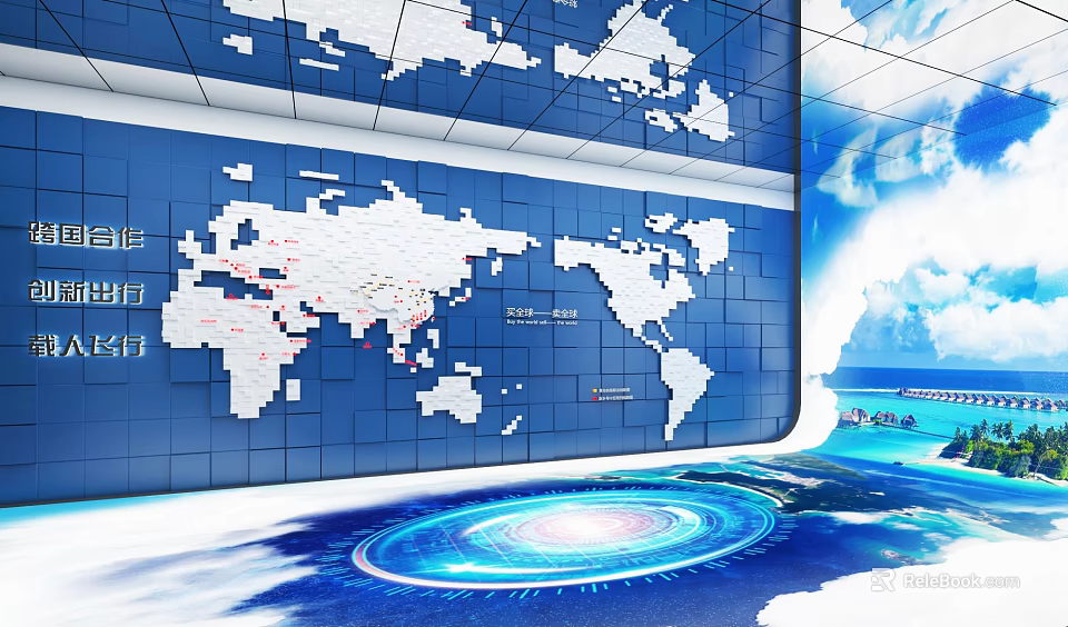 Blue World Map Wall With Digital Interface And Technology Display Elements 3d model 