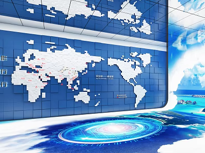 Blue World Map Wall With Digital Interface And Technology Display Elements 3d model