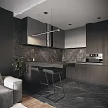 Modern Living and Dining Area Interior With Grey Sofa Black Wall And Marble Countertop