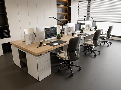 Modern Office Desk Setup With Computers Desk Lamps Small Plants And Office Chairs 3d model