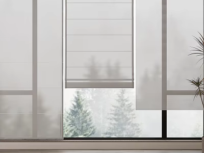 Modern White Roller Curtain For Interior Window With Green Trees View 3d model