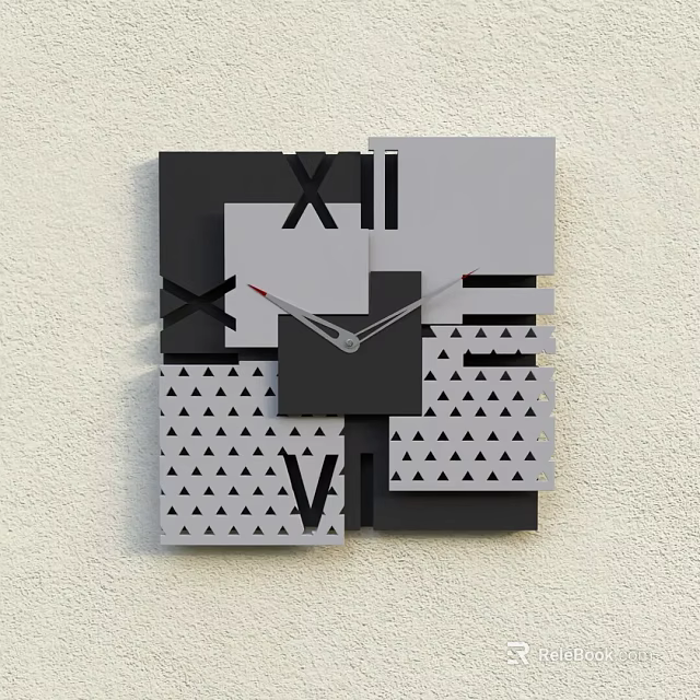 Modern Geometric Wall Clock With Roman Numerals And Black Gray White Triangular Patterns 3d model 