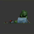Outdoor Camping Furniture With Red Chair Small Table And Green Grass