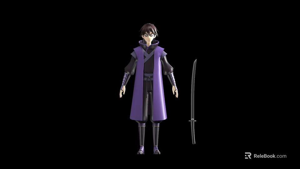 Anime Game Character In Purple Robe With Black Inner Clothing And Long Sword 3d model 