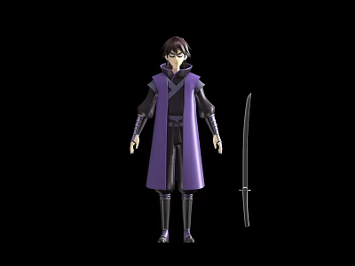 Anime Game Character In Purple Robe With Black Inner Clothing And Long Sword 3d model