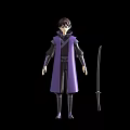Anime Game Character In Purple Robe With Black Inner Clothing And Long Sword