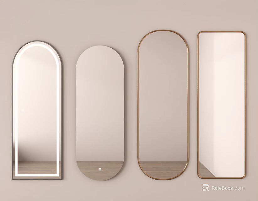 Various Shapes of Decorative Mirrors Hanging on Light Colored Interior Wall 3d model 