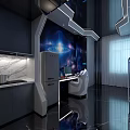 Futuristic Hotel Room Interior With Metallic Accents Blue Lighting And Workstation