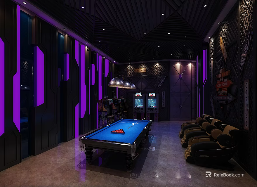 Modern Hotel Public Lounge With Pool Table Purple Lighting And Comfortable Sofas 3d model 