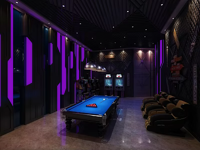 Modern Hotel Public Lounge With Pool Table Purple Lighting And Comfortable Sofas 3d model