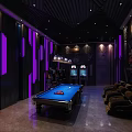 Modern Hotel Public Lounge With Pool Table Purple Lighting And Comfortable Sofas