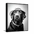 Black and White Animal Portrait Painting of Labrador Dog Wearing Hat and Collar