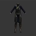 Game Movie Character Wearing Navy Blue Coat With Gold Accents Black Pants And Long Boots