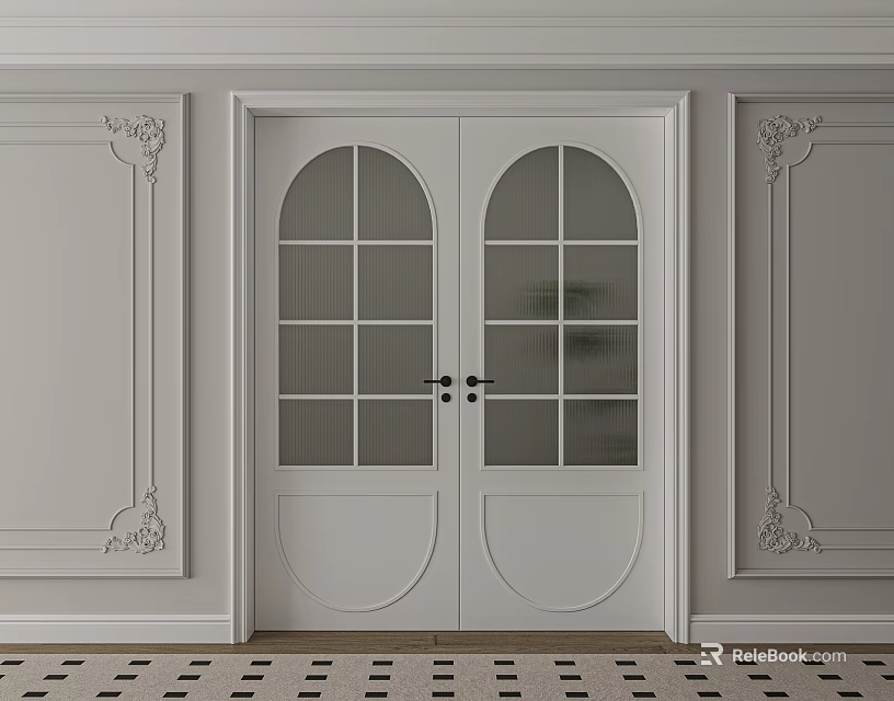 White Glass Paned Double Doors With Ornate Wall Panel Interior Design 3d model