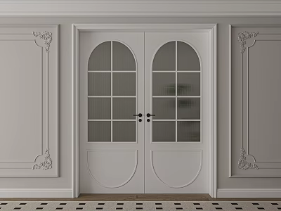 White Glass Paned Double Doors With Ornate Wall Panel Interior Design 3d model