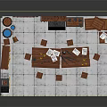 Cartoon Kitchen Interior Scene With Stone Walls Wooden Cabinets Dining Table Chairs And Fireplace