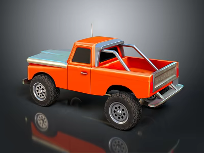 Orange Pickup Truck Model With Large Black Tires And Silver Roof Rails 3d model