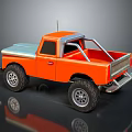 Orange Pickup Truck Model With Large Black Tires And Silver Roof Rails