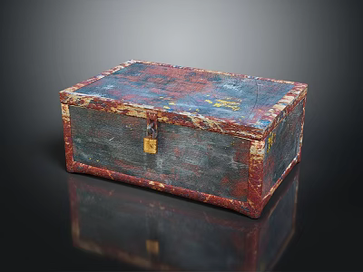 Vintage Decorative Box With Red And Blue Painted Top Worn Edges And Brass Lock 3d model