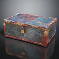 Vintage Decorative Box With Red And Blue Painted Top Worn Edges And Brass Lock