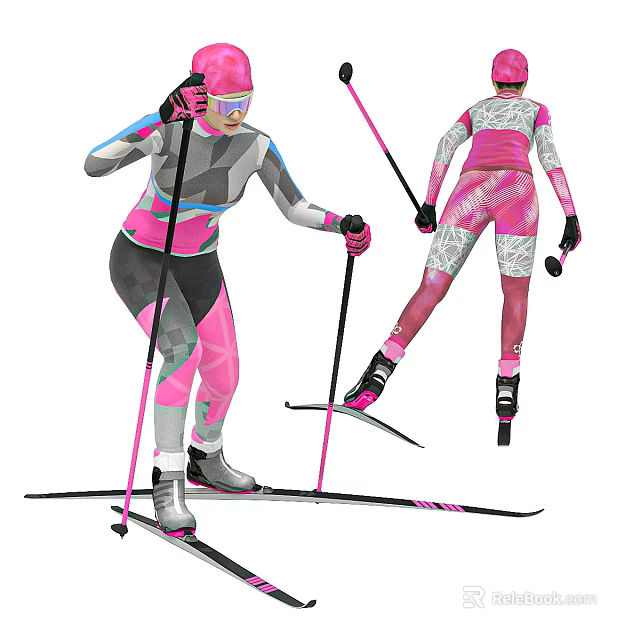 Active Woman In Ski Suit With Poles Skis And Dynamic Skiing Poses 3d model 