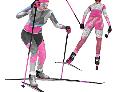 Active Woman In Ski Suit With Poles Skis And Dynamic Skiing Poses 3d model