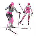 Active Woman In Ski Suit With Poles Skis And Dynamic Skiing Poses