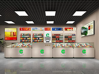 Modern Liquor and Tobacco Store Interior With Glass Display Counters Shelves And Ceiling Lights 3d model