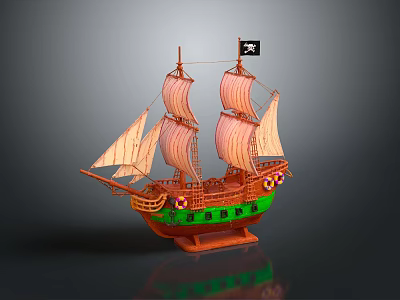 Pirate Ship Model With Brown Hull Green Bottom Multiple Sails And Black Flag 3d model