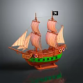 Pirate Ship Model With Brown Hull Green Bottom Multiple Sails And Black Flag