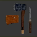 Vintage Weapon Set Including Axe With Wooden Handle Knife And Red Leather Sheath