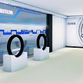 Stereoscopic Optimization Exhibition Space With Gear Decorations Display Screens And Cityscape