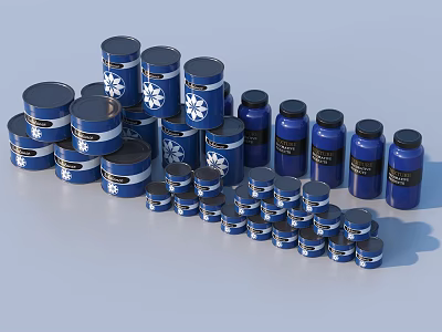Blue Household Cans And Bottles With White Snowflake Patterns In Various Sizes 3d model
