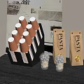 Orange Paper Cups In Black Holder With Clear Plastic Cups Pasta Bags And Wall Art