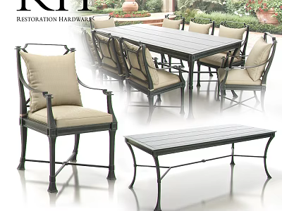 Outdoor Dining Set With Metal Frame Chairs Beige Cushions And Wooden Bench 3d model