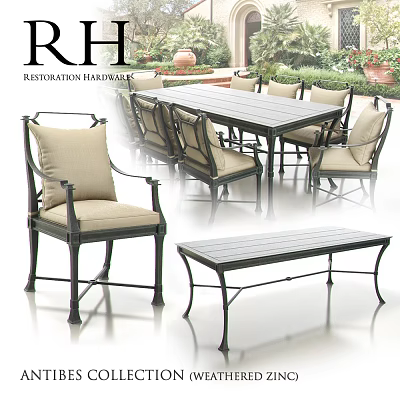 Outdoor Dining Set With Metal Frame Chairs Beige Cushions And Wooden Bench 3d model
