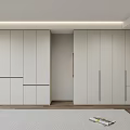 Modern White Built in Wardrobe with Open Shelves LED Lighting and Wooden Flooring in Bedroom